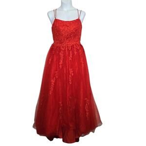 Floral Applique Tulle Double Shoulder Thin Strap Prom Dress Size 14 NWT Red